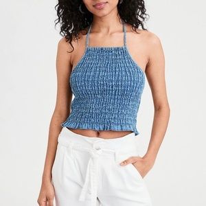 AMERICAN EAGLE OUTFITTERS — TENCEL SMOCKED HALTER TOP, BLUE, CROP TOP, SIZE XS